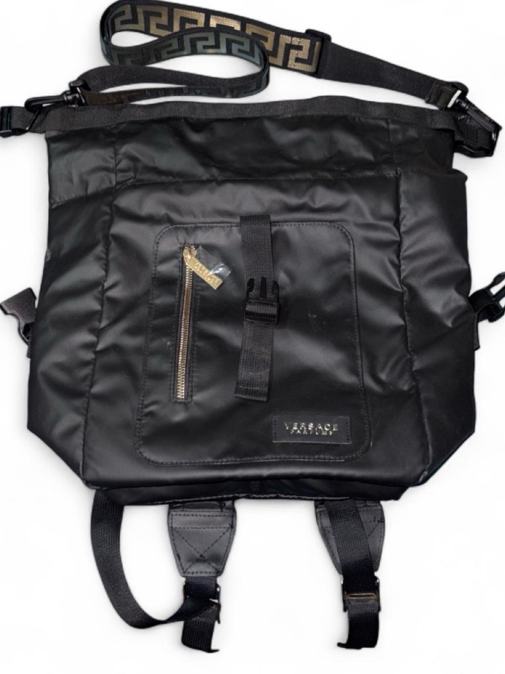Versace Collection Black Nylon Convertible Crossbody Backpack with Gold Accents